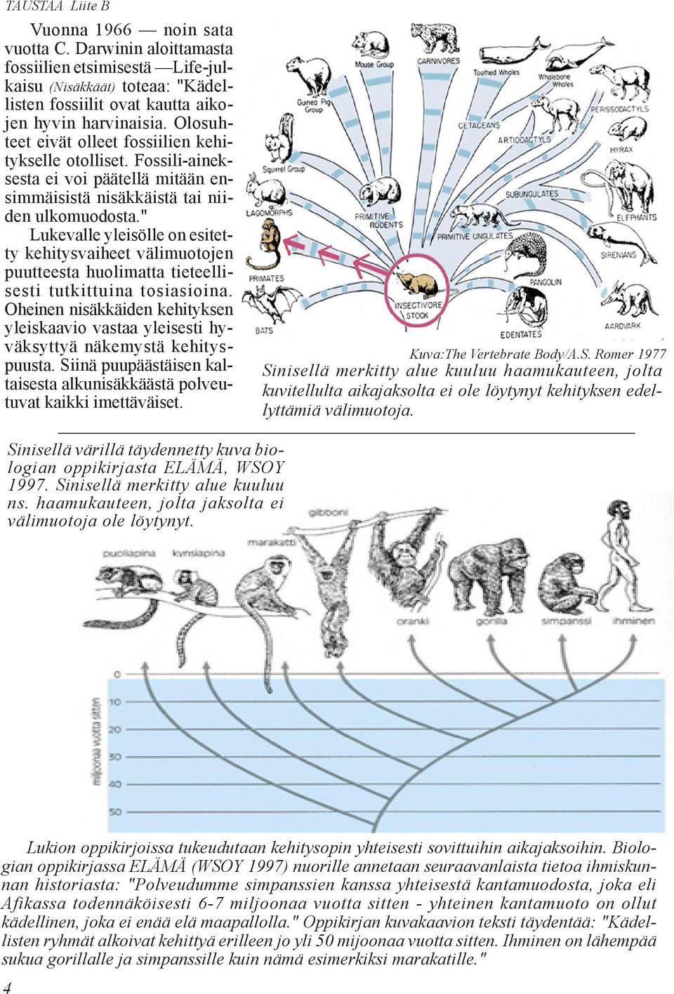 " Lukevalle yleisölle on esitetty kehitysvaiheet välimuotojen puutteesta huolimatta tieteellisesti tutkittuina tosiasioina.