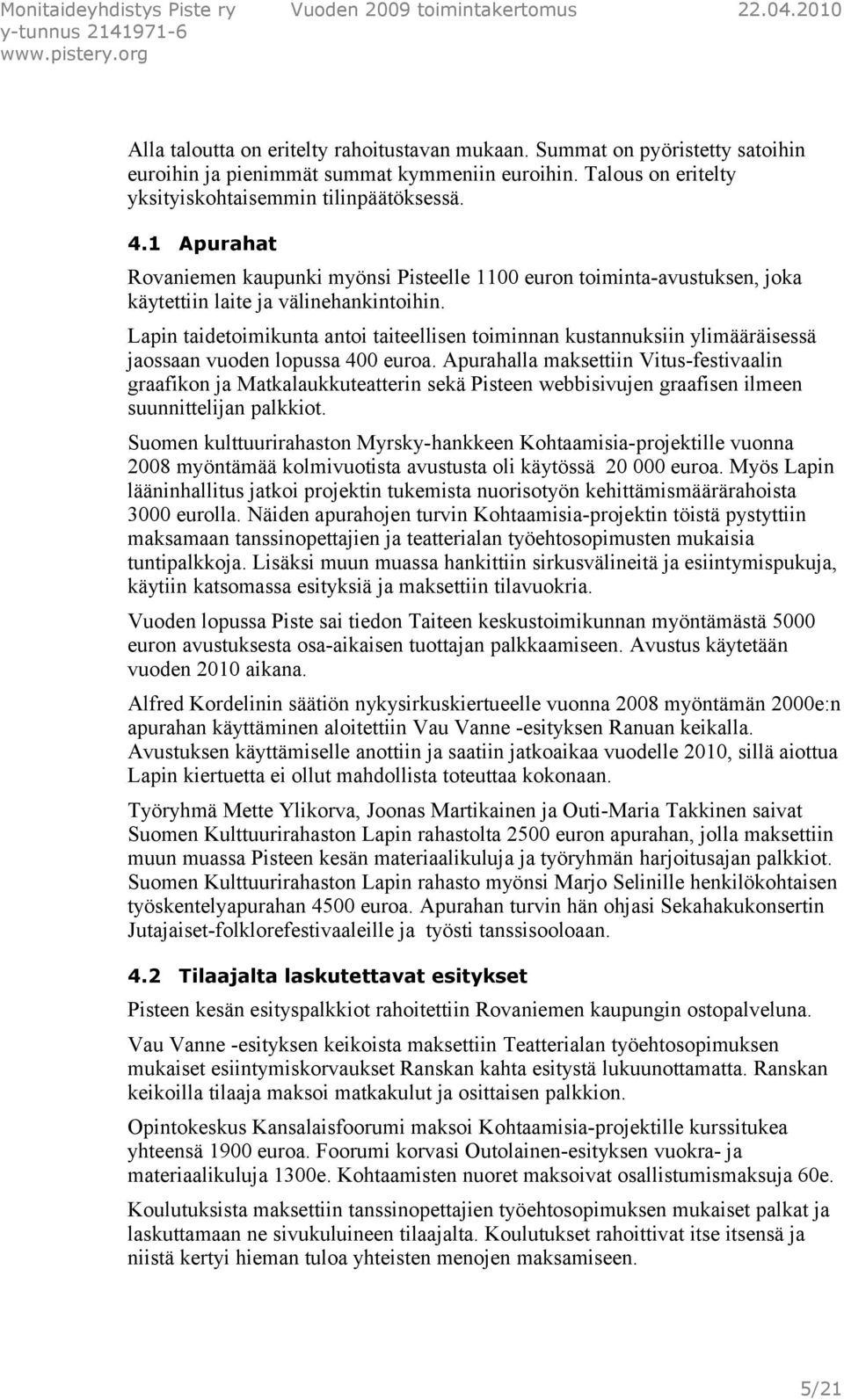 Lapin taidetoimikunta antoi taiteellisen toiminnan kustannuksiin ylimääräisessä jaossaan vuoden lopussa 400 euroa.