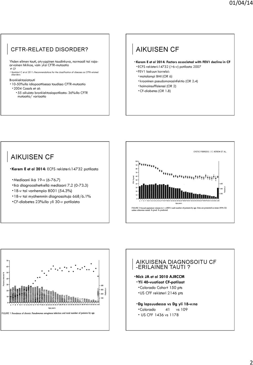 disorders Bronkiektasiatauti 10-50%:lla idiopaattisessa taudissa CFTR-mutaatio 2004 Casals et al: 55 aikuista bronkiektasiapotilasta: 36%:lla CFTR mutaatio/ variaatio AIKUISEN CF Kerem E et al 2014:
