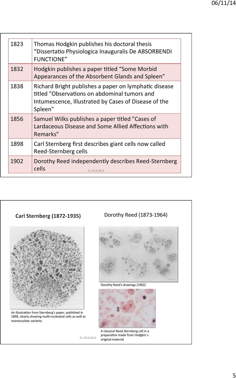 paper _tled "Cases of Lardaceous Disease and Some Allied Affec_ons with Remarks" 1898 Carl Sternberg first describes giant cells now called Reed- Sternberg cells 1902 Dorothy Reed independently