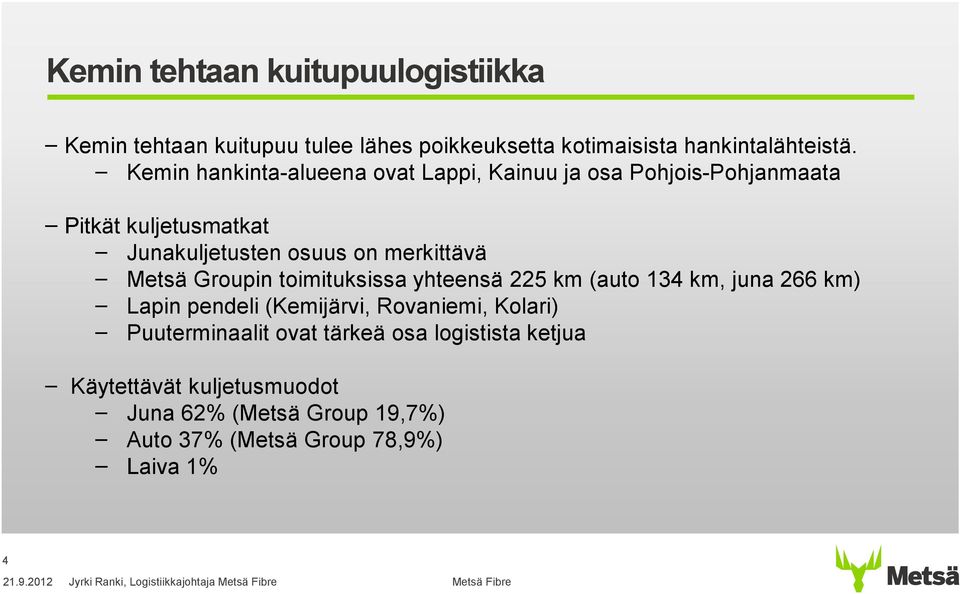 Groupin toimituksissa yhteensä 225 km (auto 134 km, juna 266 km) Lapin pendeli (Kemijärvi, Rovaniemi, Kolari) Puuterminaalit ovat