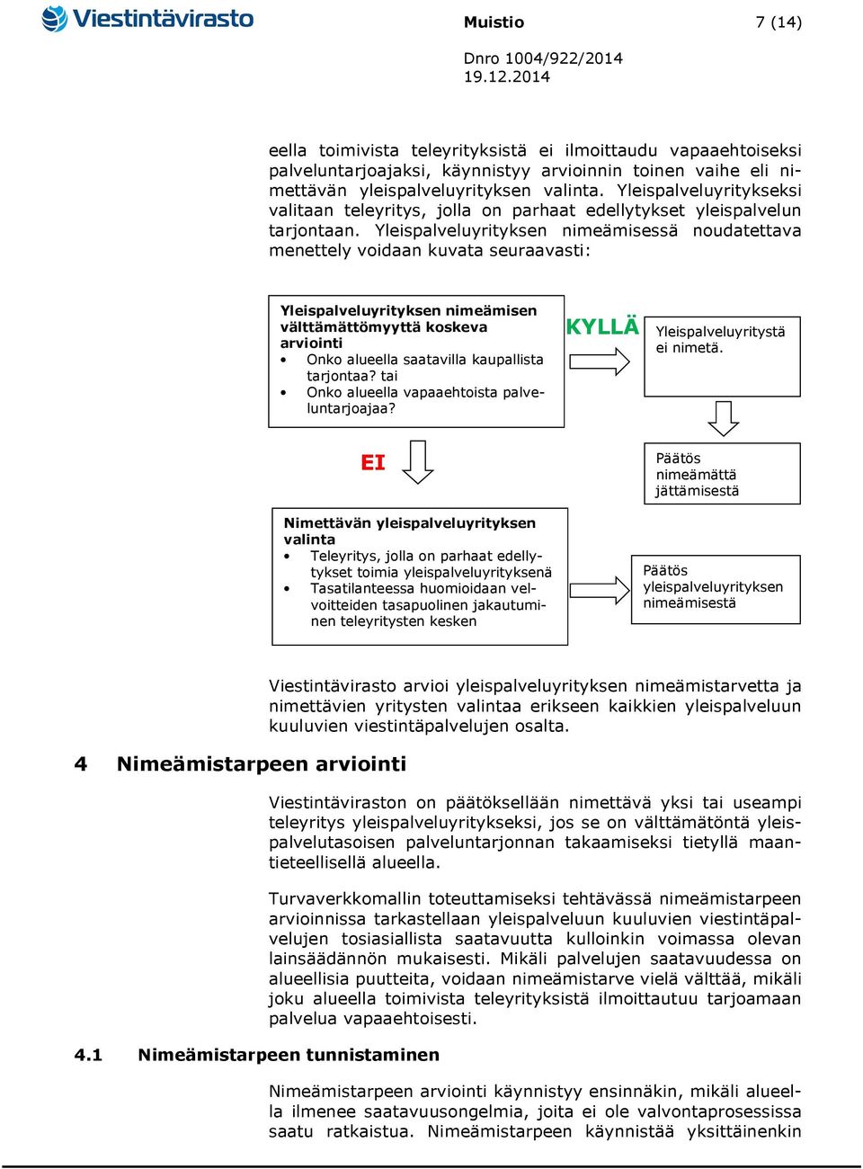 Yleispalveluyrityksen nimeämisessä noudatettava menettely voidaan kuvata seuraavasti: Yleispalveluyrityksen nimeämisen välttämättömyyttä koskeva arviointi Onko alueella saatavilla kaupallista