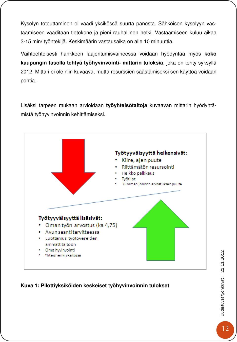 Vaihtoehtoisesti hankkeen laajentumisvaiheessa voidaan hyödyntää myös koko kaupungin tasolla tehtyä työhyvinvointi- mittarin tuloksia, joka on tehty syksyllä 2012.