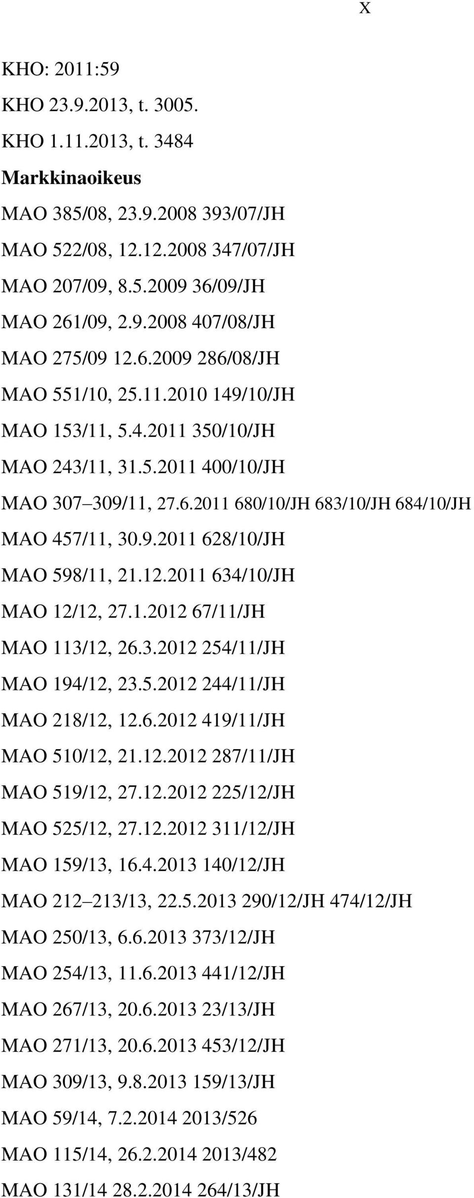 12.2011 634/10/JH MAO 12/12, 27.1.2012 67/11/JH MAO 113/12, 26.3.2012 254/11/JH MAO 194/12, 23.5.2012 244/11/JH MAO 218/12, 12.6.2012 419/11/JH MAO 510/12, 21.12.2012 287/11/JH MAO 519/12, 27.12.2012 225/12/JH MAO 525/12, 27.