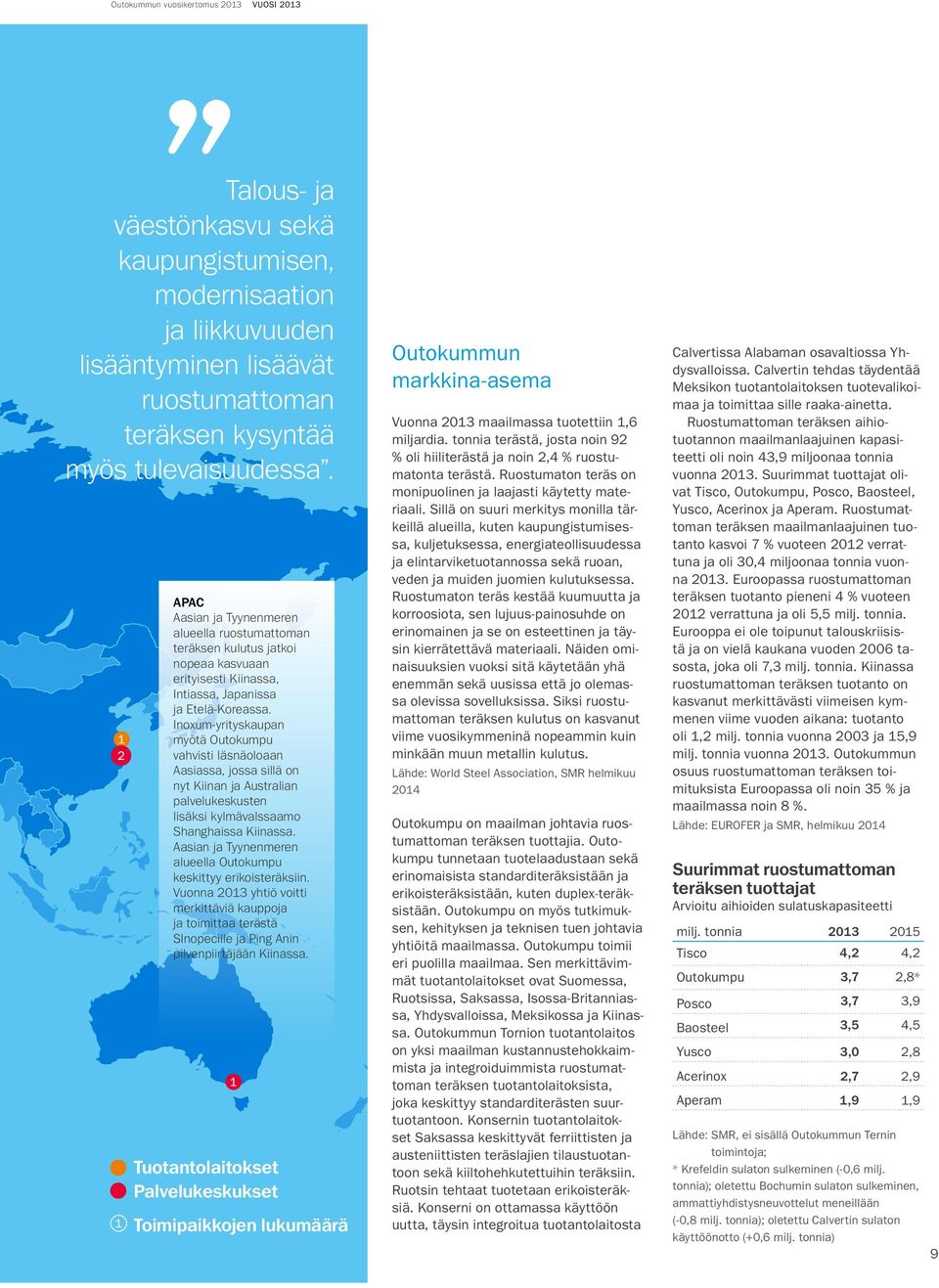 Inoxum-yrityskaupan myötä Outokumpu vahvisti läsnäoloaan Aasiassa, jossa sillä on nyt Kiinan ja Australian palvelukeskusten lisäksi kylmävalssaamo Shanghaissa Kiinassa.