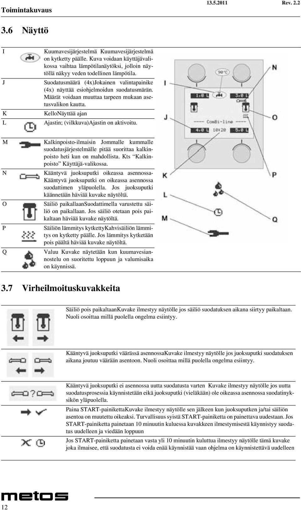 Määrät voidaan muuttaa tarpeen mukaan asetusvalikon kautta. KelloNäyttää ajan Ajastin; (vilkkuva)ajastin on aktivoitu.