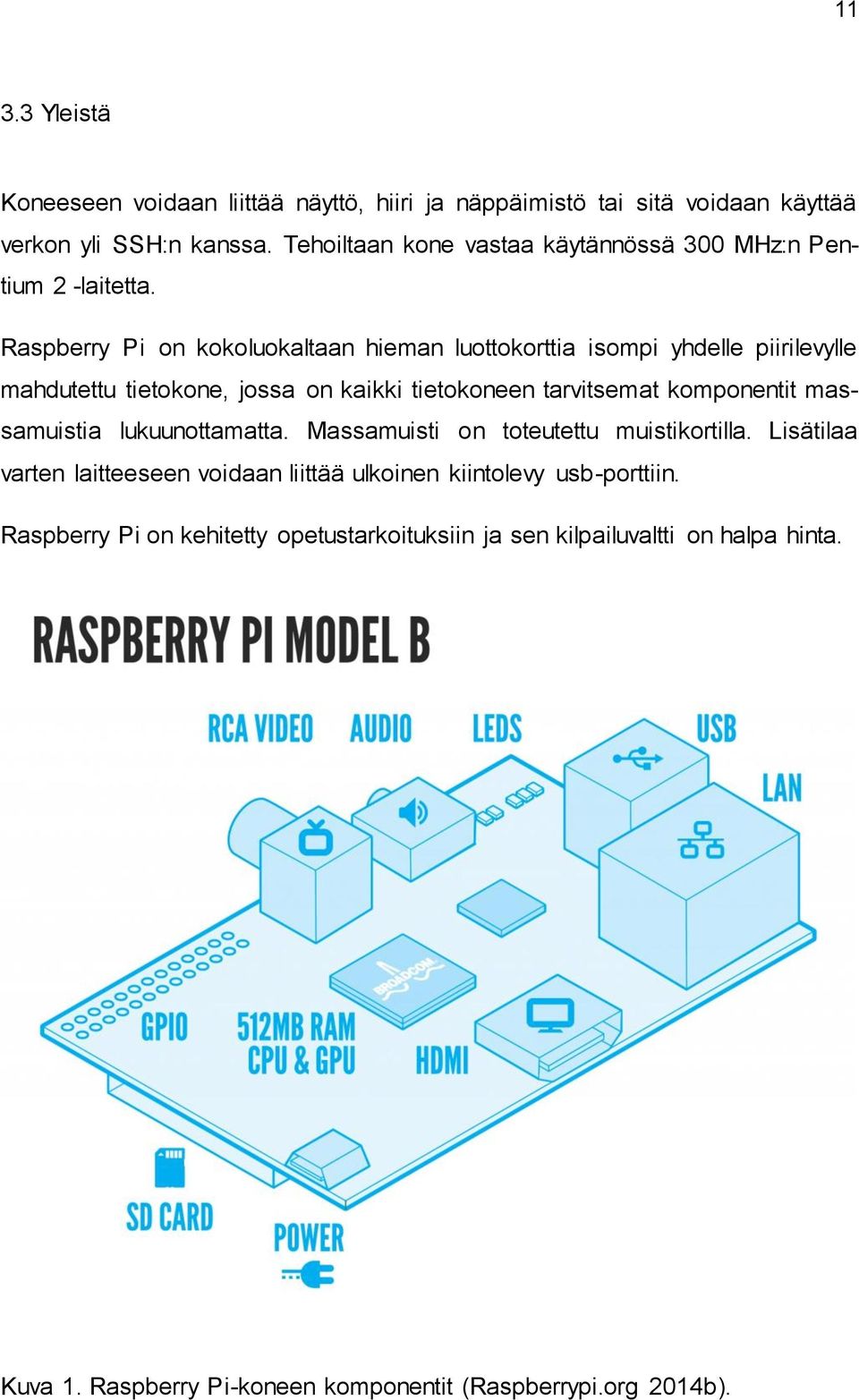 Raspberry Pi on kokoluokaltaan hieman luottokorttia isompi yhdelle piirilevylle mahdutettu tietokone, jossa on kaikki tietokoneen tarvitsemat komponentit