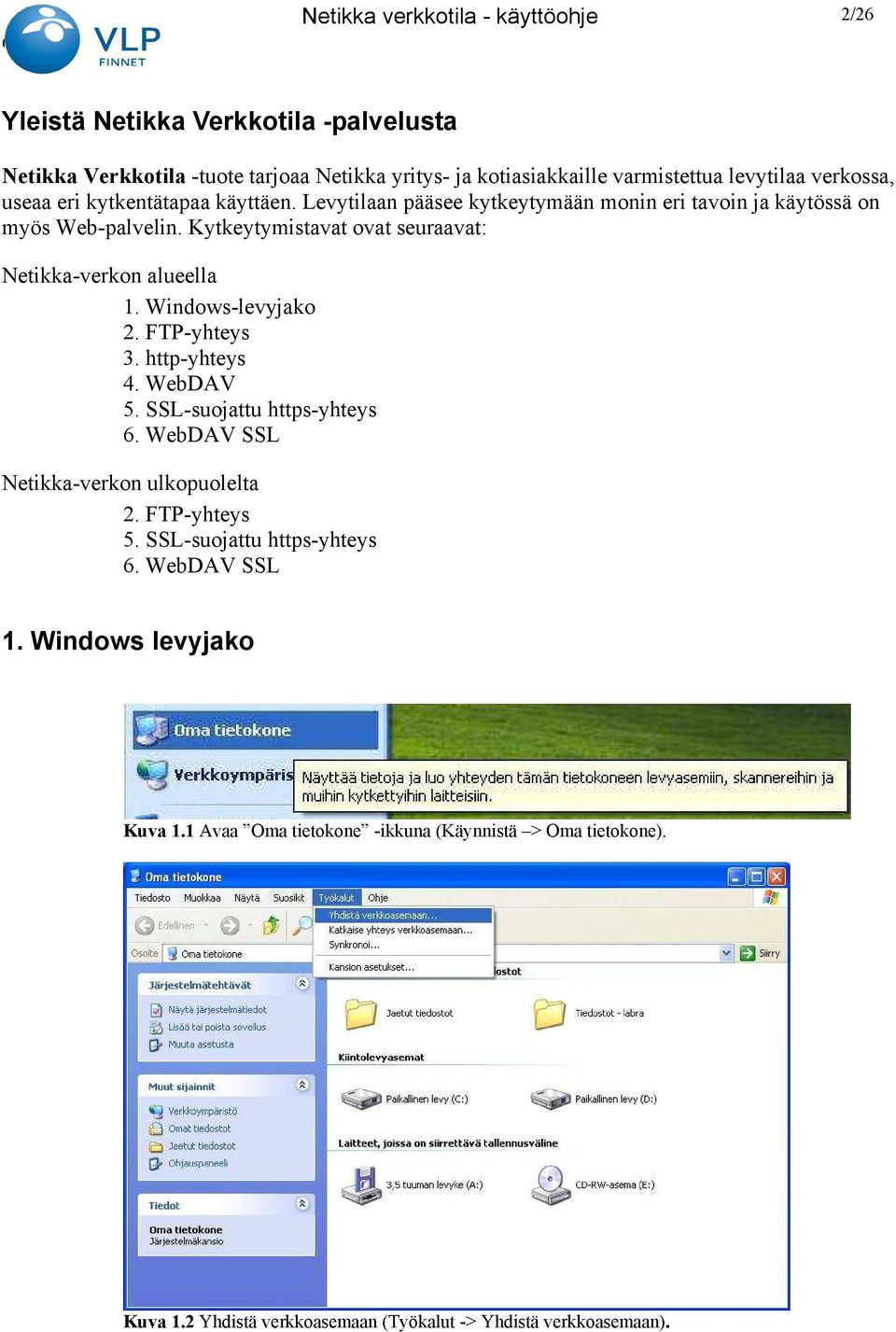 Windows-levyjako 2. FTP-yhteys 3. http-yhteys 4. WebDAV 5. SSL-suojattu https-yhteys 6. WebDAV SSL Netikka-verkon ulkopuolelta 2. FTP-yhteys 5.