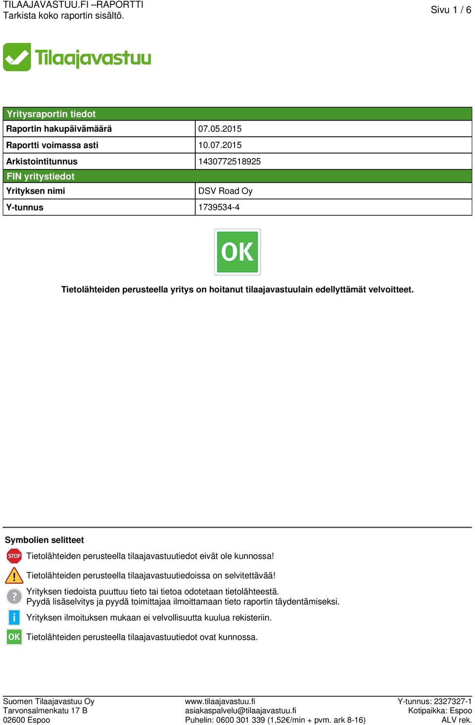 2015 Arkistointitunnus 1430772518925 FIN yritystiedot Yrityksen nimi DSV Road Oy Y-tunnus 1739534-4 Tietolähteiden perusteella yritys on hoitanut tilaajavastuulain edellyttämät