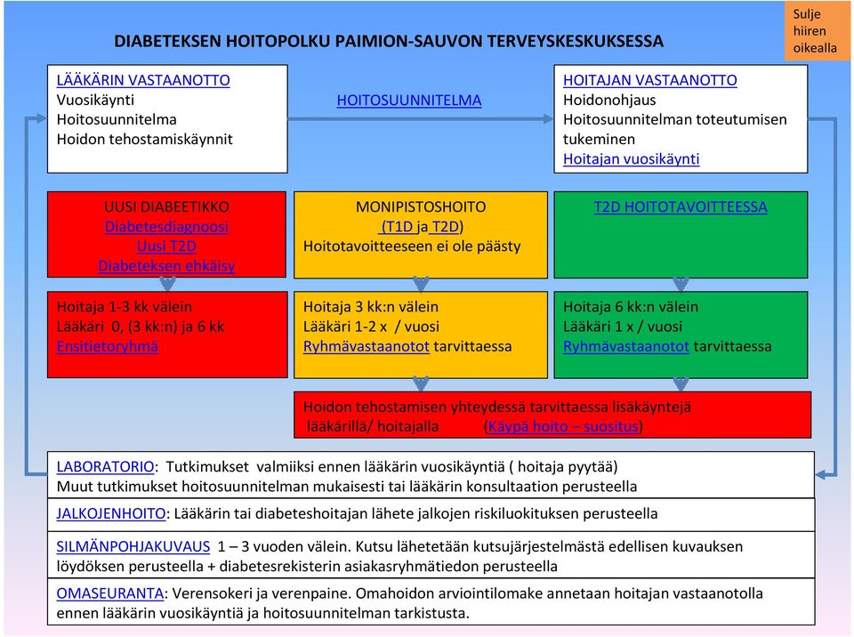 Ensitietoryhmä MONIPISTOSHOITO (T1D jat2d) Hoitotavoitteeseen ei ole päästy Hoitaja 3 kk:n välein Lääkäri 1-2 x / vuosi Ryhmävastaanotot tarvittaessa T2D HOITOTAVOITTEESSA Hoitaja 6 kk:n välein