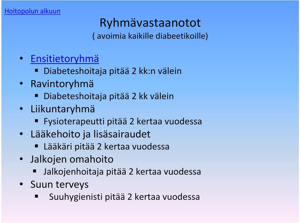 Fysioterapeutti pitää 2 kertaa vuodessa Lääkehoito ja lisäsairaudet Lääkäri pitää 2 kertaa