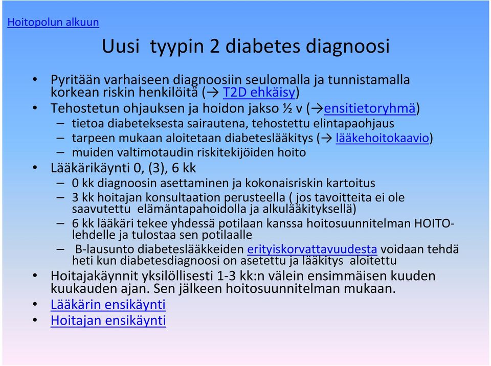 (3), 6 kk 0 kk diagnoosin asettaminen ja kokonaisriskin kartoitus 3 kk hoitajan konsultaation perusteella ( jos tavoitteita ei ole saavutettu elämäntapahoidolla ja alkulääkityksellä) 6 kk lääkäri