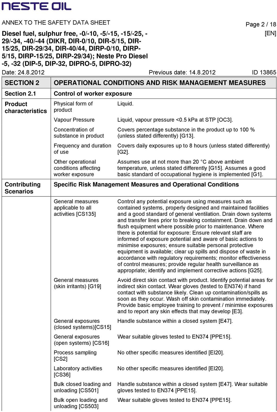 product Frequency and duration of use Other operational conditions affecting worker exposure Liquid. Liquid, vapour pressure <0.5 kpa at STP [OC3].