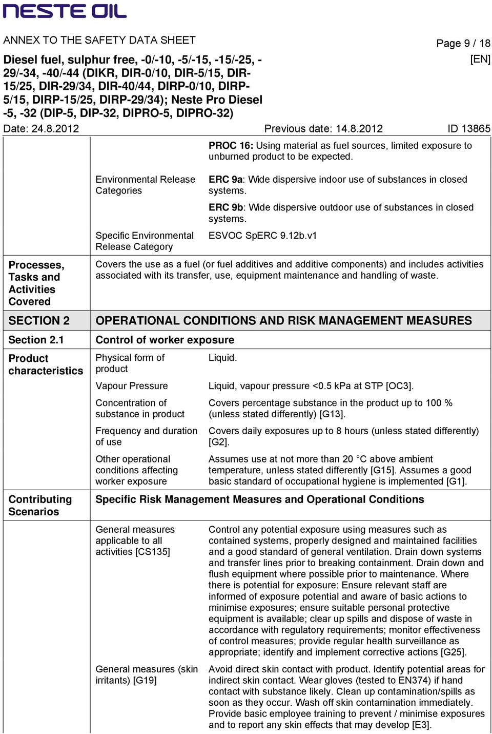 ERC 9b: Wide dispersive outdoor use of substances in closed systems. ESVOC SpERC 9.12b.