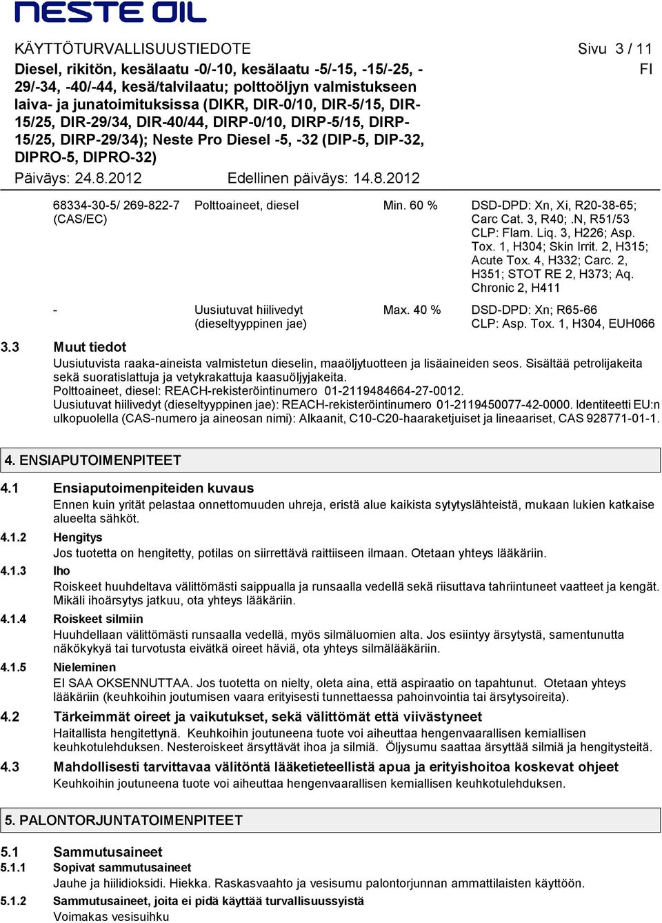 2012 Edellinen päiväys: 14.8.2012 68334-30-5/ 269-822-7 (CAS/EC) - Uusiutuvat hiilivedyt (dieseltyyppinen jae) Polttoaineet, diesel Min. 60 % DSD-DPD: Xn, Xi, R20-38-65; Carc Cat. 3, R40;.