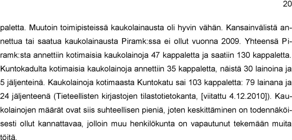 Kuntokadulta kotimaisia kaukolainoja annettiin 35 kappaletta, näistä 30 lainoina ja 5 jäljenteinä.