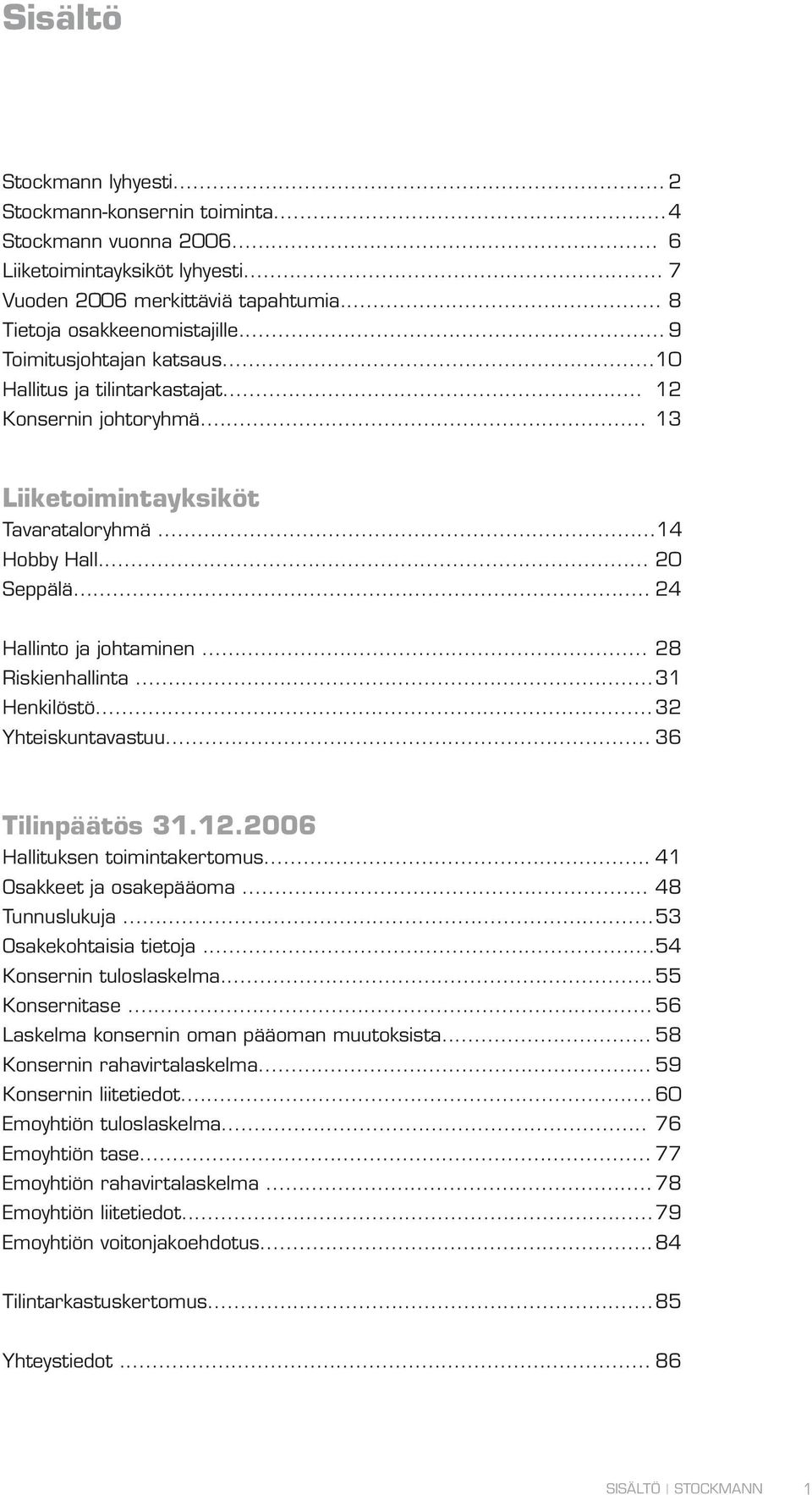 .. 28 Riskienhallinta... 31 Henkilöstö... 32 Yhteiskuntavastuu... 36 Tilinpäätös 31.12.2006 Hallituksen toimintakertomus... 41 Osakkeet ja osakepääoma... 48 Tunnuslukuja... 53 Osakekohtaisia tietoja.