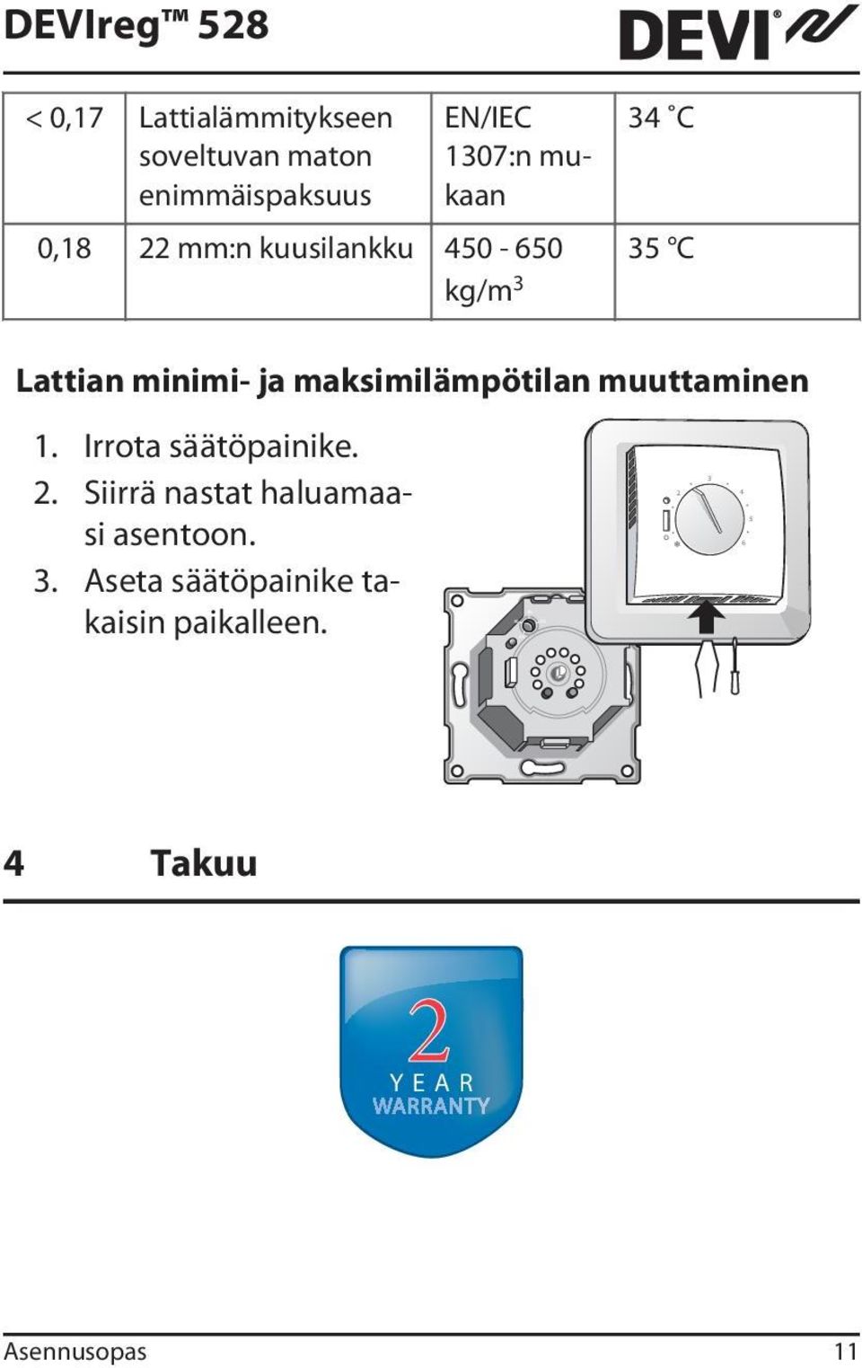 Lattian minimi- ja maksimilämpötilan muuttaminen 1. Irrota säätöpainike. 2.