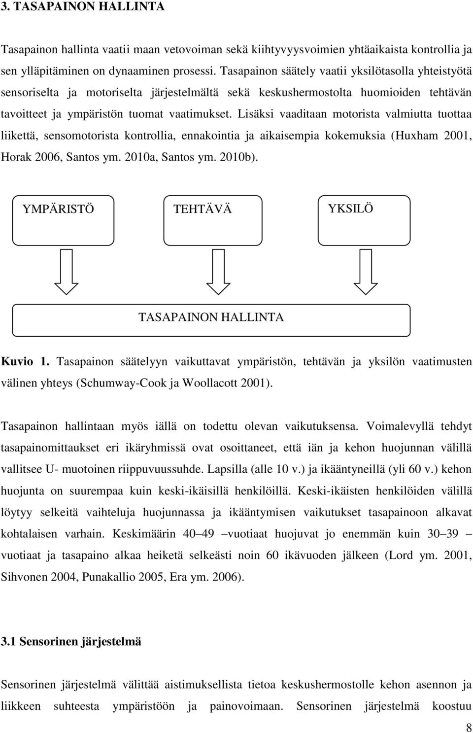 Lisäksi vaaditaan motorista valmiutta tuottaa liikettä, sensomotorista kontrollia, ennakointia ja aikaisempia kokemuksia (Huxham 2001, Horak 2006, Santos ym. 2010a, Santos ym. 2010b).