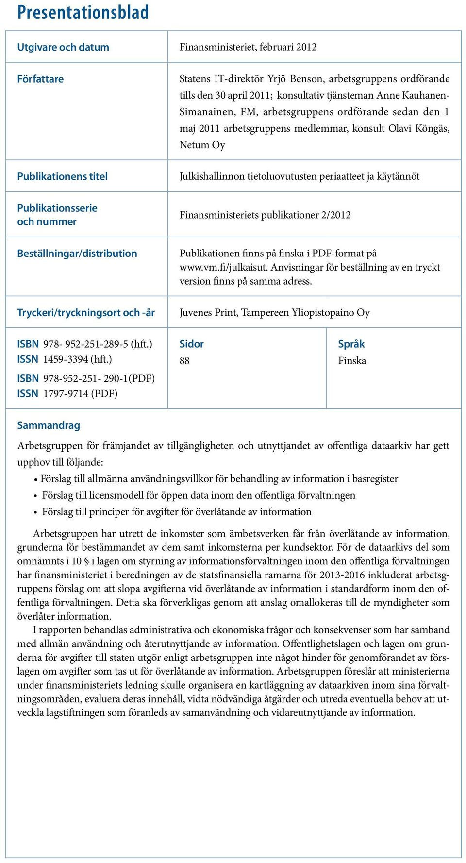 käytännöt Publikationsserie och nummer Finansministeriets publikationer 2/2012 Beställningar/distribution Publikationen finns på finska i PDF-format på www.vm.fi/julkaisut.