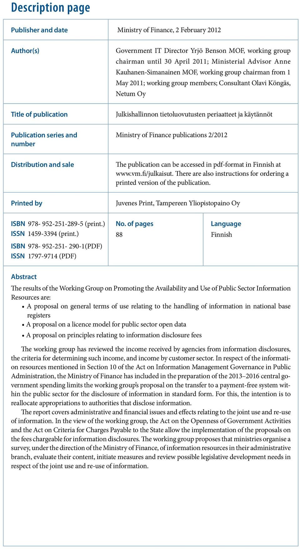 käytännöt Publication series and number Ministry of Finance publications 2/2012 Distribution and sale The publication can be accessed in pdf-format in Finnish at www.vm.fi/julkaisut.