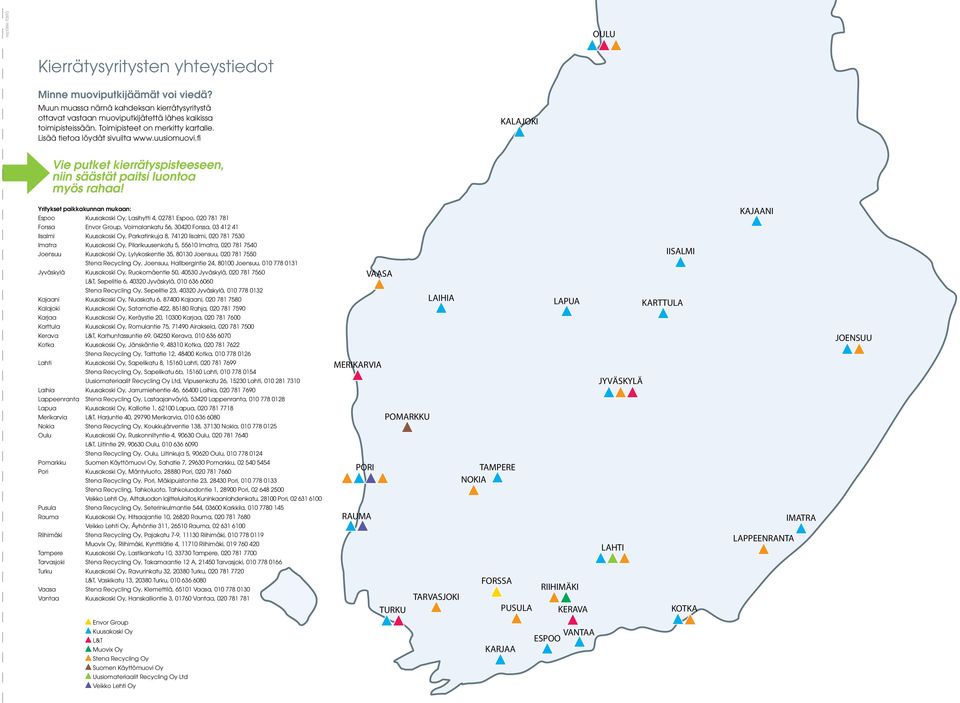 Yritykset paikkakunnan mukaan: Espoo Kuusakoski Oy, Lasihytti 4, 02781 Espoo, 020 781 781 Forssa Envor Group, Voimalankatu 56, 30420 Forssa, 03 412 41 Iisalmi Kuusakoski Oy, Parkatinkuja 8, 74120