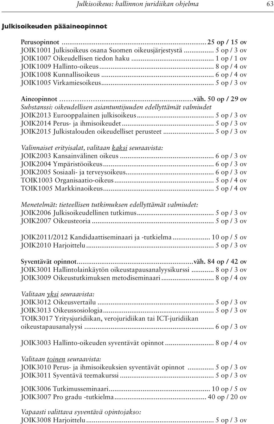 50 op / 29 ov Substanssi: oikeudellisen asiantuntijuuden edellyttämät valmiudet JOIK2013 Eurooppalainen julkisoikeus... 5 op / 3 ov JOIK2014 Perus- ja ihmisoikeudet.