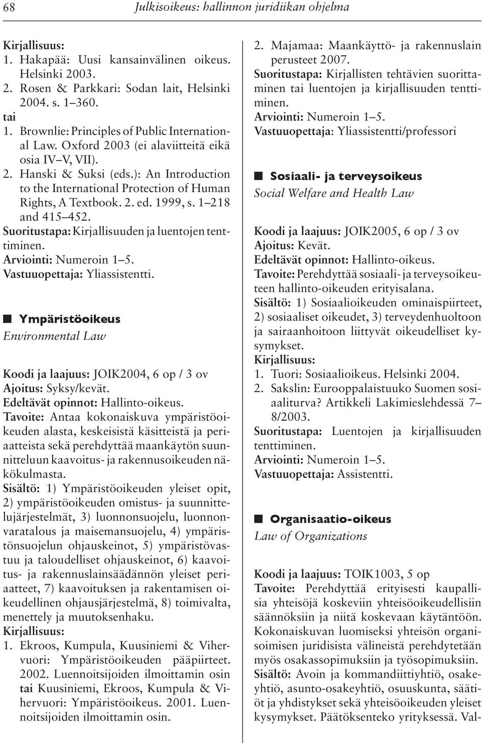 ): An Introduction to the International Protection of Human Rights, A Textbook. 2. ed. 1999, s. 1 218 and 415 452. Suoritustapa: Kirjallisuuden ja luentojen tenttiminen.