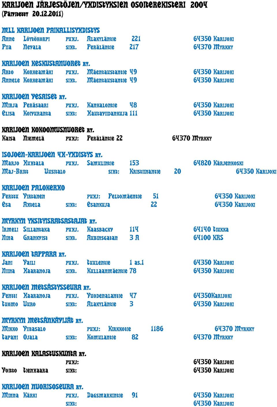 Kankalontie 48 Elisa Koivuranta siht: Hautaviidankuja 111 KARIJOEN KOKOOMUSNUORET ry. Kaisa Niemelä puhj: Peräläntie 22 64370 Myrkky ISOJOEN-KARIJOEN 4H-YHDISTYS ry. Marjo Huhtala puhj.