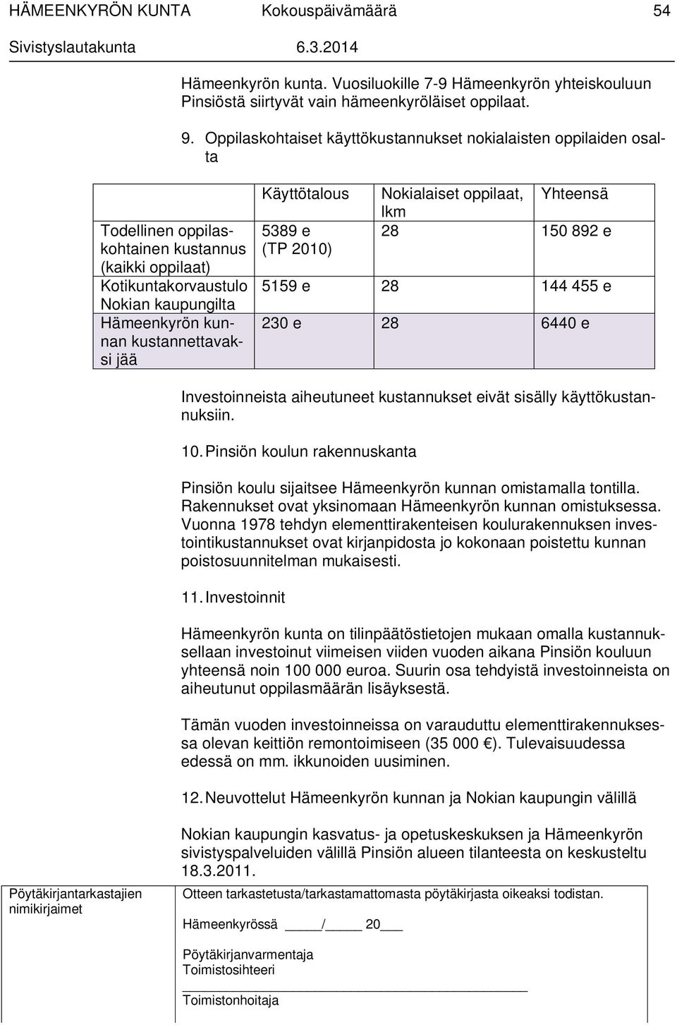 jää Käyttötalous 5389 e (TP 2010) Nokialaiset oppilaat, Yhteensä lkm 28 150 892 e 5159 e 28 144 455 e 230 e 28 6440 e Investoinneista aiheutuneet kustannukset eivät sisälly käyttökustannuksiin. 10.