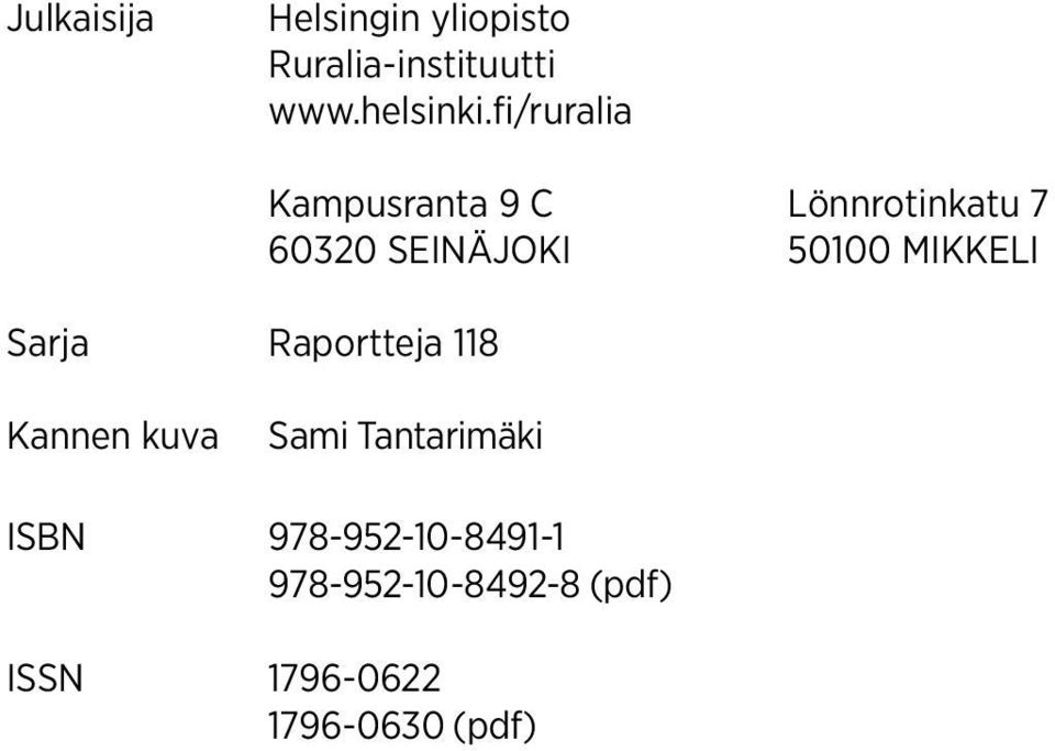 60320 SEINÄJOKI 50100 MIKKELI Kannen kuva Sami Tantarimäki ISBN