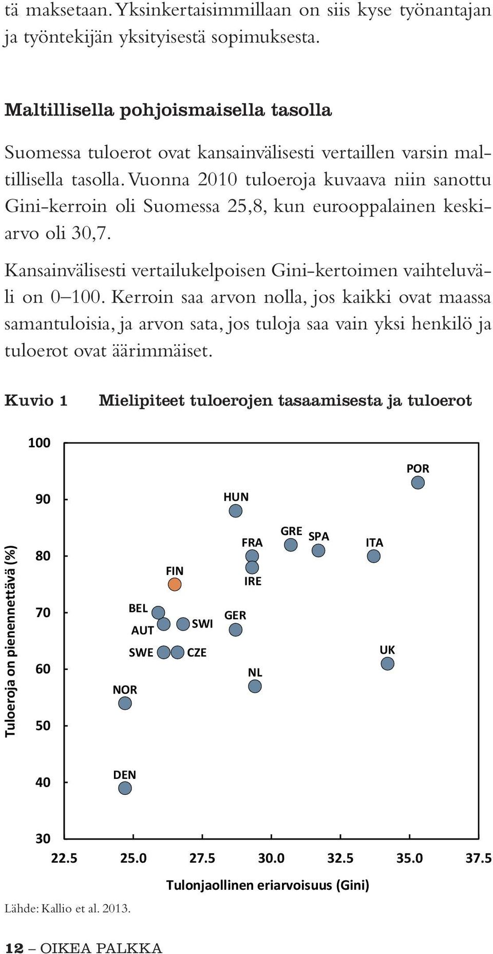 Vuonna 2010 tuloeroja kuvaava niin sanottu Gini-kerroin oli Suomessa 25,8, kun eurooppalainen keskiarvo oli 30,7. Kansainvälisesti vertailukelpoisen Gini-kertoimen vaihteluväli on 0 100.