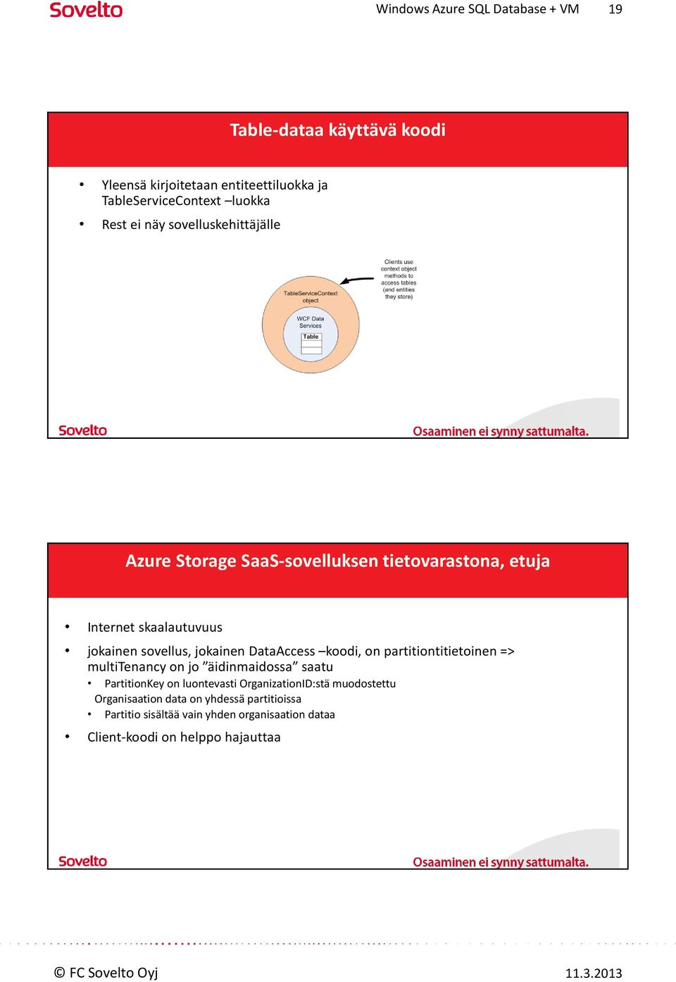 DataAccess koodi, on partitiontitietoinen => multitenancy on jo äidinmaidossa saatu PartitionKey on luontevasti