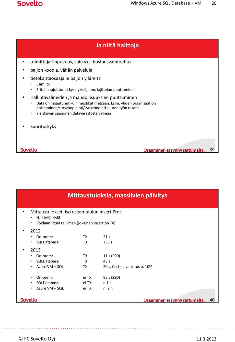 yhden organisaation poistaminen/turvakopiointi/synkronointi suuren työn takana Yleiskuvan saaminen datavarastosta vaikeaa Suorituskyky 39 Mittaustuloksia, massiivien päivitys Mittaustulokset, iso