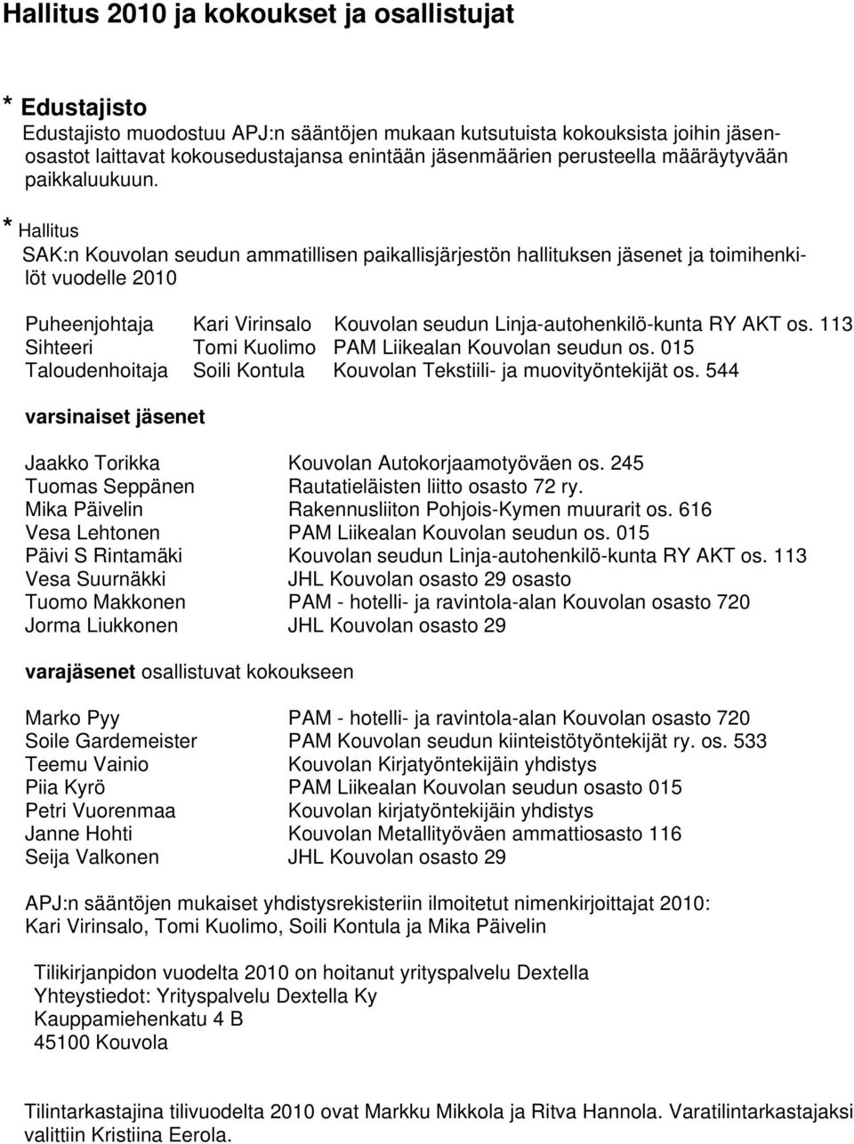 * Hallitus SAK:n Kouvolan seudun ammatillisen paikallisjärjestön hallituksen jäsenet ja toimihenkilöt vuodelle 2010 Puheenjohtaja Kari Virinsalo Kouvolan seudun Linja-autohenkilö-kunta RY AKT os.