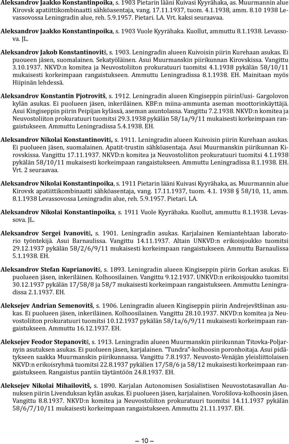 Aleksandrov Jakob Konstantinovitš, s. 1903. Leningradin alueen Kuivoisin piirin Kurehaan asukas. Ei puoueen jäsen, suomalainen. Sekatyöläinen. Asui Muurmanskin piirikunnan Kirovskissa. Vangittu 3.10.