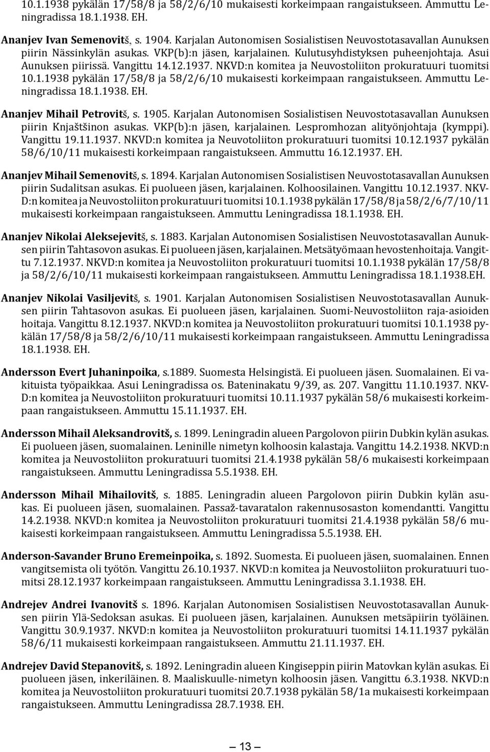 NKVD:n komitea ja Neuvostoliiton prokuratuuri tuomitsi 10.1.1938 pykälän 17/58/8 ja 58/2/6/10 mukaisesti korkeimpaan rangaistukseen. Ammuttu Leningradissa 18.1.1938. EH. Ananjev Mihail Petrovitš, s.