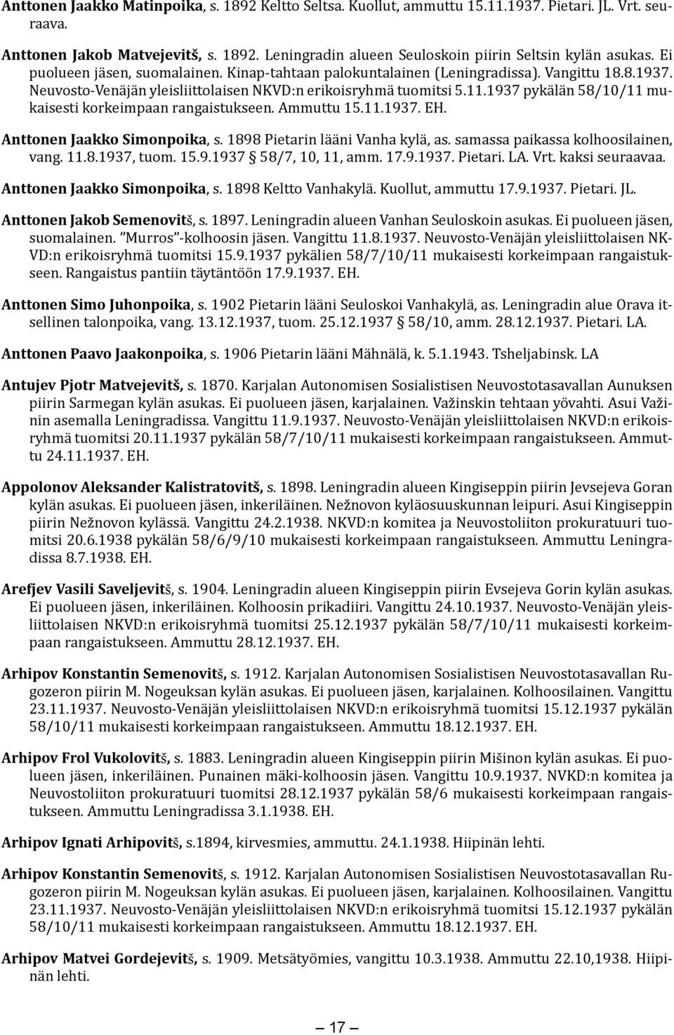 1937 pykälän 58/10/11 mukaisesti korkeimpaan rangaistukseen. Ammuttu 15.11.1937. EH. Anttonen Jaakko Simonpoika, s. 1898 Pietarin lääni Vanha kylä, as. samassa paikassa kolhoosilainen, vang. 11.8.1937, tuom.