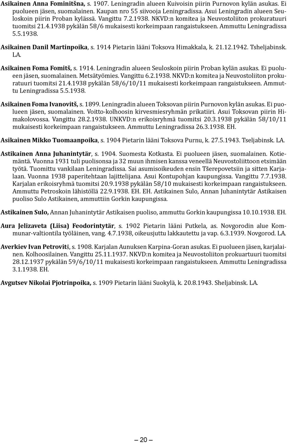 Ammuttu Leningradissa 5.5.1938. Asikainen Danil Martinpoika, s. 1914 Pietarin lääni Toksova Himakkala, k. 21.12.1942. Tsheljabinsk. LA. Asikainen Foma Fomitš, s. 1914. Leningradin alueen Seuloskoin piirin Proban kylän asukas.