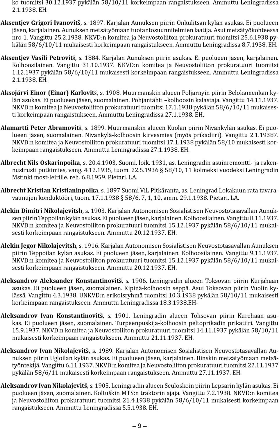 1938 pykälän 58/6/10/11 mukaisesti korkeimpaan rangaistukseen. Ammuttu Leningradissa 8.7.1938. EH. Aksentjev Vasili Petrovitš, s. 1884. Karjalan Aunuksen piirin asukas. Ei puolueen jäsen, karjalainen.
