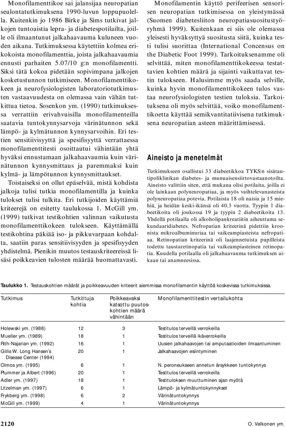 Tutkimuksessa käytettiin kolmea erikokoista monofilamenttia, joista jalkahaavaumia ennusti parhaiten 5.07/10 g:n monofilamentti.