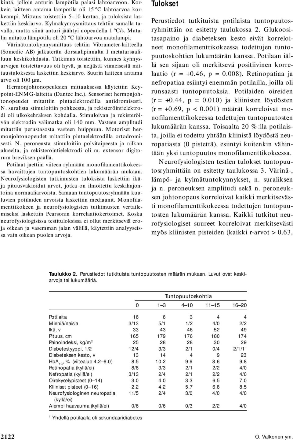 Värinätuntokynnysmittaus tehtiin Vibrameter-laitteella (Somedic AB) jalkaterän dorsaalipinnalta I metatarsaaliluun keskikohdasta.