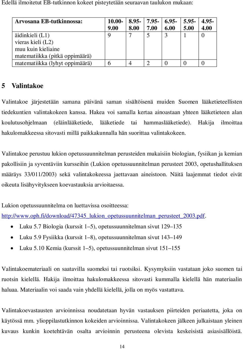 sisältöisenä muiden Suomen lääketieteellisten tiedekuntien valintakokeen kanssa.