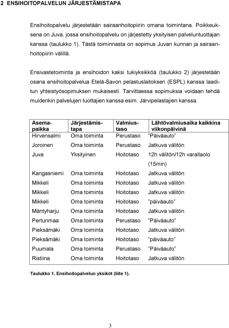 Ensivastetoiminta ja ensihoidon kaksi tukiyksikköä (taulukko 2) järjestetään osana ensihoitopalvelua Etelä-Savon pelastuslaitoksen (ESPL) kanssa laaditun yhteistyösopimuksen mukaisesti.