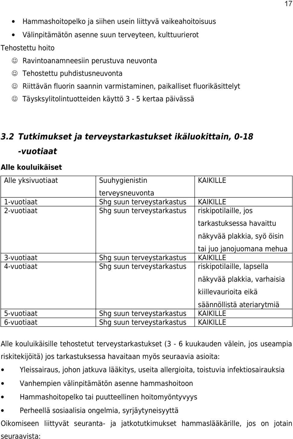 2 Tutkimukset ja terveystarkastukset ikäluokittain, 0-18 -vuotiaat Alle kouluikäiset Alle yksivuotiaat Suuhygienistin KAIKILLE terveysneuvonta 1-vuotiaat Shg suun terveystarkastus KAIKILLE 2-vuotiaat