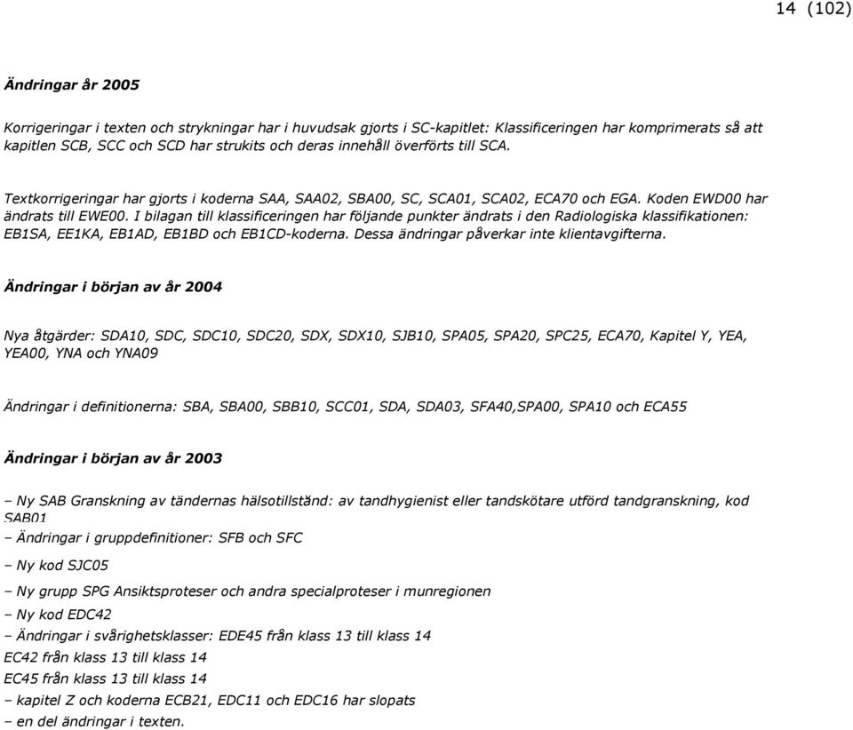 I bilagan till klassificeringen har följande punkter ändrats i den Radiologiska klassifikationen: EB1SA, EE1KA, EB1AD, EB1BD och EB1CD-koderna. Dessa ändringar påverkar inte klientavgifterna.