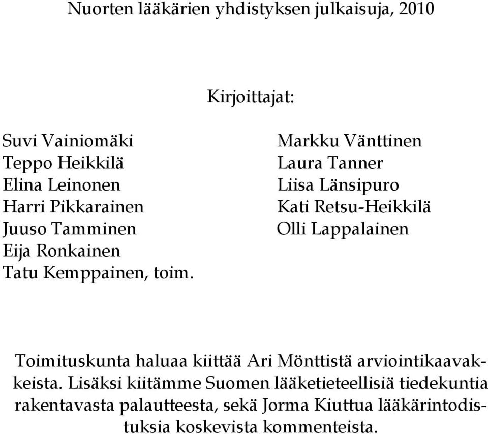 Markku Vänttinen Laura Tanner Liisa Länsipuro Kati Retsu-Heikkilä Olli Lappalainen Toimituskunta haluaa kiittää Ari