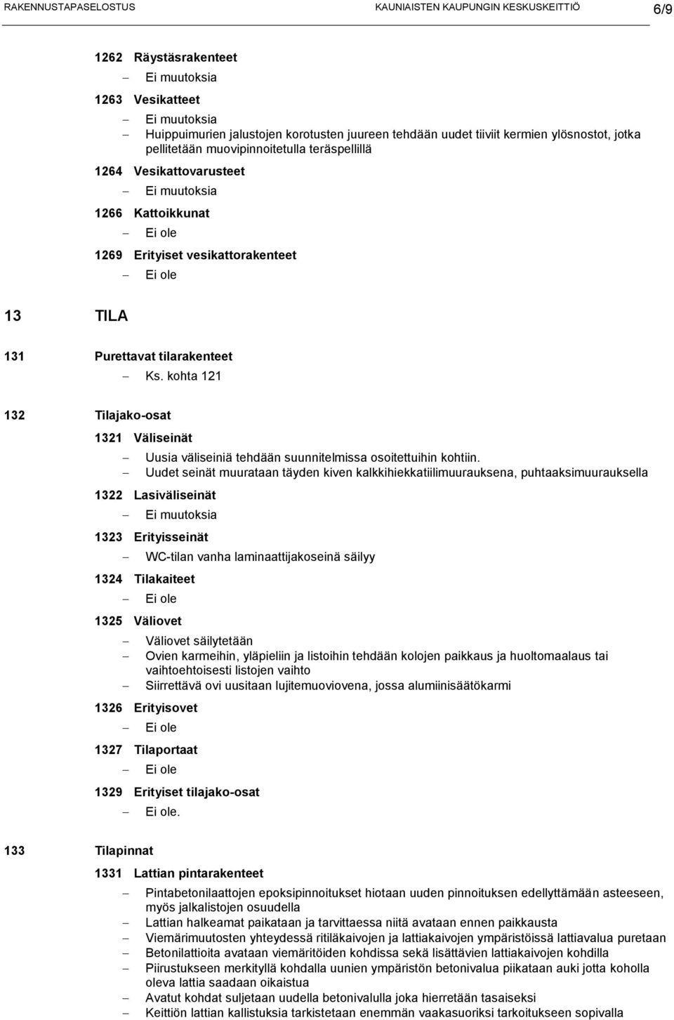 kohta 121 132 Tilajako-osat 1321 Väliseinät Uusia väliseiniä tehdään suunnitelmissa osoitettuihin kohtiin.