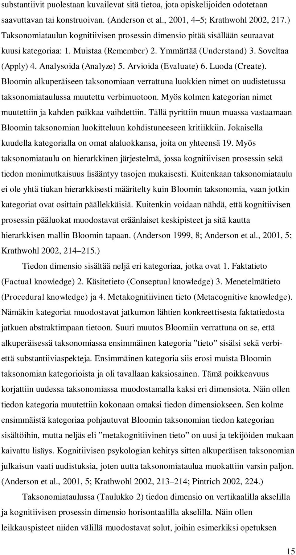 Arvioida (Evaluate) 6. Luoda (Create). Bloomin alkuperäiseen taksonomiaan verrattuna luokkien nimet on uudistetussa taksonomiataulussa muutettu verbimuotoon.