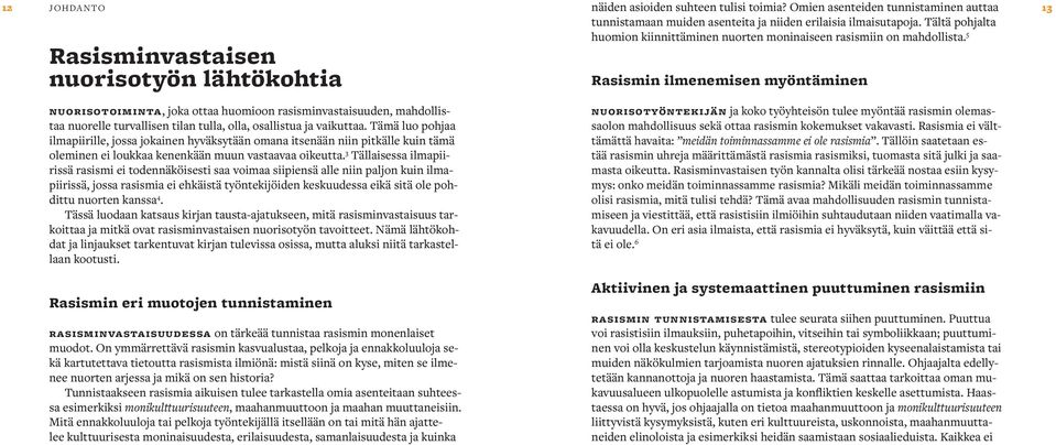 5 Rasisminvastaisen nuorisotyön lähtökohtia nuorisotoiminta, joka ottaa huomioon rasisminvastaisuuden, mahdollistaa nuorelle turvallisen tilan tulla, olla, osallistua ja vaikuttaa.